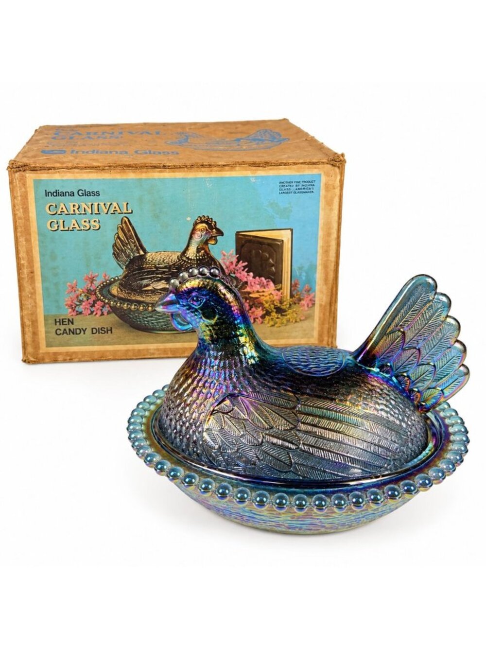 Hen on Nest Indiana Glass Company Evergreen Teal Green #2891 Iridescent Vintage